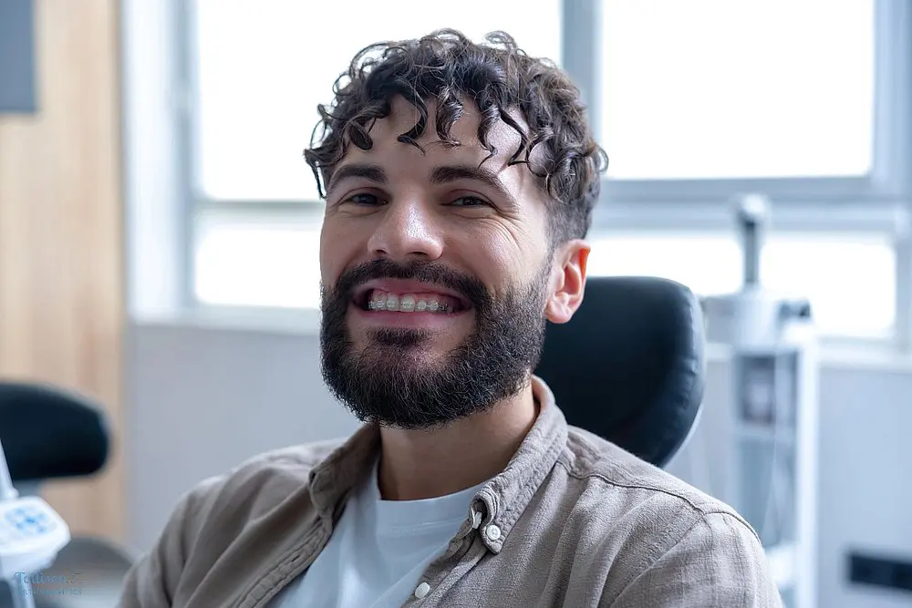 Smiling man with curly hair sitting in a dental office chair, looking happy and relaxed wearing clear braces as one option of alternatives to braces in Greenville, SC